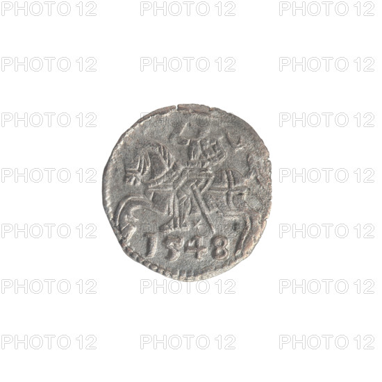Lithuanian denarius, Sigismund II Augustus (King of Poland; 1544–1572); emblems of the Jagiellon dynasty; Polish coins featuring eagles and the Lithuanian Pursuer. Obverse: Polish eagle in the rim. Reverse: Lithuanian Pursuer in the rim, below the year 1548. Dated 1548. Grand Duchy of Lithuania, Vilnius. Coin, diameter 11.5–12.5 mm, weight 0.29 g.