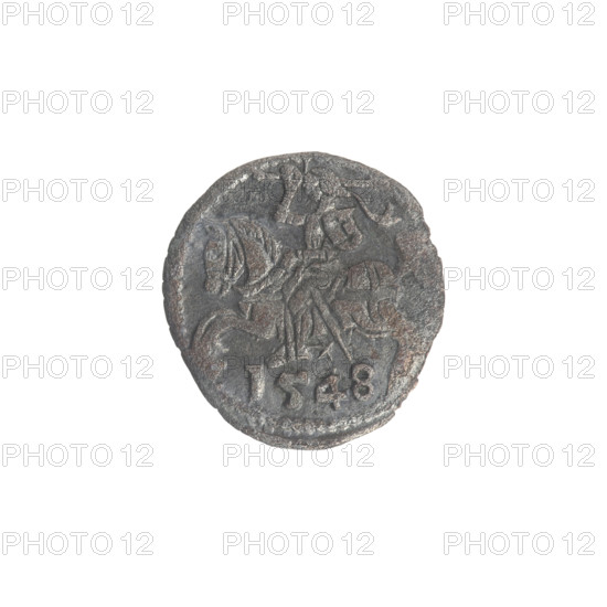 Lithuanian denarius, Sigismund II Augustus (King of Poland; 1544–1572); emblems of the Jagiellon dynasty; Polish coins; motifs: eagles (Polish Eagle) and Pursuer (Lithuanian Pursuer). Obverse: Polish Eagle in the rim. Reverse: Lithuanian Pursuer in the rim, below the year 1548. Date: 1548. Origin: Grand Duchy of Lithuania, Vilnius, Poland. Function: coin. Diameter: 11.5–12.5 mm. Weight: 0.27 g.
