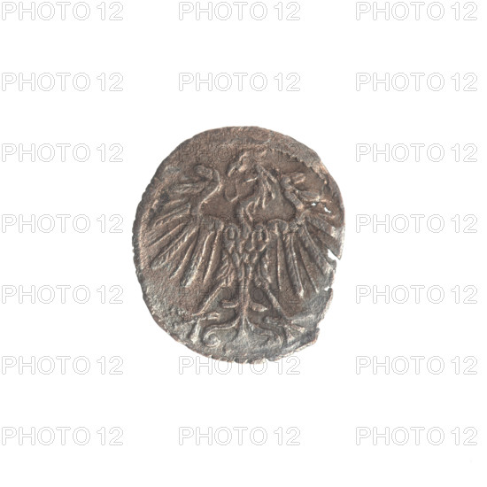 Lithuanian denarius, Sigismund II Augustus (King of Poland; 1544–1572); emblems of the Jagiellon dynasty; obverse: Polish eagle in the rim; reverse: Lithuanian Pursuer in the rim, below the year 1549; Grand Duchy of Lithuania, Vilnius, Poland; coin; diameter 11.5–13.0 mm; weight 0.29 g.