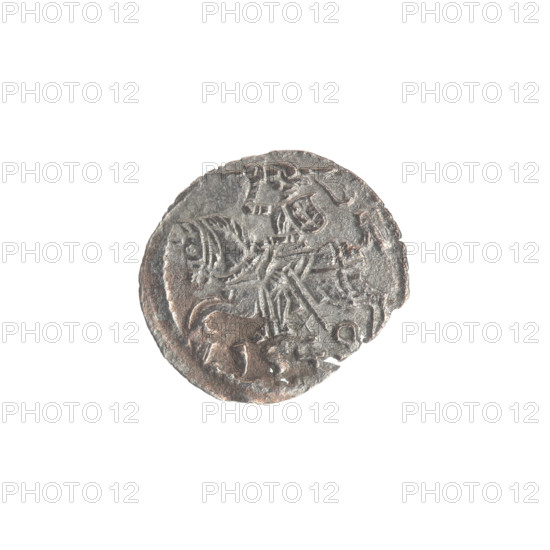 Lithuanian denarius, Sigismund II Augustus (King of Poland; 1544–1572); emblems of the Jagiellons dynasty; Polish coins; motifs: eagle (obverse, in the rim) and Pursuer (reverse, in the rim); below the year 1549 on the reverse: 1549; Grand Duchy of Lithuania, Vilnius, Poland; coin; diameter 11.5–13.0 mm; weight 0.29 g.