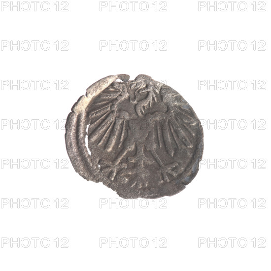 Lithuanian denarius, Sigismund II Augustus (King of Poland; 1544–1572); emblems of the Jagiellon dynasty; Polish coins; motifs: eagle (obverse, in the rim) and Pursuer (Lithuanian emblem; reverse, in the rim, below the year 1549); dated 1549; Grand Duchy of Lithuania, Vilnius, Poland; coin; diameter ca. 12.5–13.0 mm; weight 0.18 g.