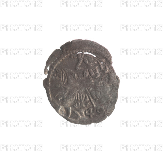 Lithuanian denarius, Sigismund II Augustus (King of Poland; 1544–1572); emblems of the Jagiellon dynasty; Polish eagle and Lithuanian Pursuer (emblem). Obverse: Polish eagle in rim. Reverse: Lithuanian Pursuer in rim, below the year 1549. Grand Duchy of Lithuania, Vilnius, Poland. Coin; diameter 12.5–13.0 mm; weight 0.18 g.