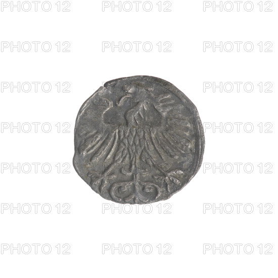 Lithuanian denarius of Sigismund II Augustus (King of Poland, 1544–1572); emblems of the Jagiellon dynasty; obverse: Polish Eagle in the rim; reverse: Lithuanian Pursuer in the rim, below the year 1550; Grand Duchy of Lithuania, Vilnius; coin; 1550; diameter 12.0–12.9 mm; weight 0.38 g