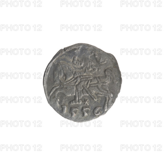 Lithuanian denarius, Sigismund II Augustus (King of Poland; 1544–1572); emblems of the Jagiellon dynasty; Polish eagle and Lithuanian Pursuer emblems. Obverse: Polish Eagle in the rim. Reverse: Lithuanian Pursuer in the rim, below the year 1550. Dated 1550. Grand Duchy of Lithuania, Vilnius. Coin. Diameter 12.0–12.9 mm; weight 0.38 g.