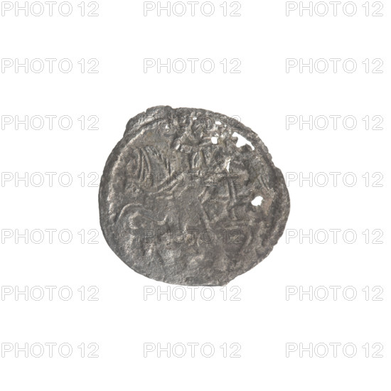 Lithuanian denarius, Sigismund II Augustus (King of Poland; 1544–1572); emblems of the Jagiellons dynasty; Polish coin featuring eagles and the Lithuanian Pursuer emblem. Obverse: Polish eagle in the rim. Reverse: Lithuanian Pursuer in the rim, below the year 1551. Grand Duchy of Lithuania, Vilnius. Coin; diameter 12.0–12.8 mm; weight 0.26 g.