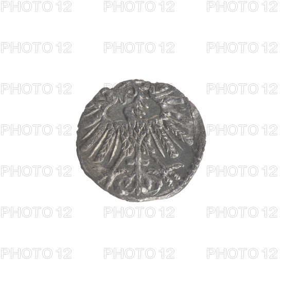 Lithuanian denarius, Sigismund II Augustus (King of Poland; 1544–1572); emblems of the Jagiellon dynasty; Polish coins; motifs: eagle (emblem) and Pursuer (emblem; Lithuania). Obverse: Polish eagle in the rim. Reverse: Lithuanian Pursuer in the rim, below the year 155Z/1552. Grand Duchy of Lithuania, Vilnius. Coin. Diameter 11.5–12.0 mm. Weight 0.28 g.