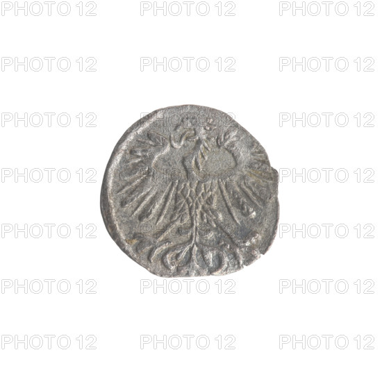 Lithuanian denarius, Sigismund II Augustus (King of Poland; 1544–1572); emblems of the Jagiellon dynasty; Polish eagle (obverse, in the rim); Lithuanian Pursuer (reverse, in the rim); below the year 155Z/1552; Grand Duchy of Lithuania, Vilnius; coin; diameter 11.8–12.0 mm; weight 0.28 g.