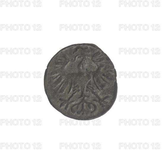 Lithuanian denarius, Sigismund II Augustus (King of Poland; 1544–1572); emblems of the Jagiellons dynasty; Polish coin featuring eagles and Lithuanian Pursuer emblem. Obverse: Polish eagle in the rim. Reverse: Lithuanian Pursuer in the rim, below the year 1553. Grand Duchy of Lithuania, Vilnius, Poland. Coin; diameters 11.9 mm and 12.2 mm; weight 0.26 g.