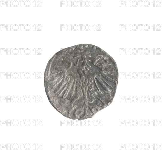 Lithuanian denarius, Sigismund II Augustus (King of Poland; 1544–1572); emblems of the Jagiellons dynasty; Polish coins; motifs: Polish eagle (obverse, in the rim) and Lithuanian pursuer (reverse, in the rim, below the year 1553); dated 1553; Grand Duchy of Lithuania, Vilnius, Poland; coin; diameter 11.6–12.0 mm; weight 0.27 g.