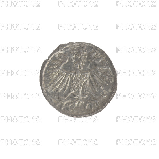 Lithuanian denarius, Sigismund II Augustus (King of Poland; 1544–1572); emblems of the Jagiellons dynasty; Polish coins; motifs: eagle (emblem) and pursuer (emblem; Lithuania). Obverse: Polish eagle in the rim. Reverse: Lithuanian pursuer in the rim, below the year 1553. Date: 1553. Issued by the Grand Duchy of Lithuania, Vilnius, Poland. Coin; diameter 12.3–12.5 mm; weight 0.25 g.