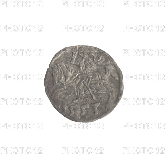 Lithuanian denarius, Sigismund II Augustus (King of Poland; 1544–1572); emblems of the Jagiellons dynasty; Polish eagle (obverse, in the rim); Lithuanian Pursuer (reverse, in the rim, below the year 1553); dated 1553; Grand Duchy of Lithuania, Vilnius; coin; diameter 11.6–12.0 mm; weight 0.25 g