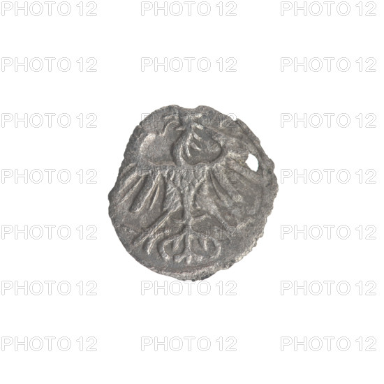 Lithuanian denarius, Sigismund II Augustus (King of Poland; 1544–1572); emblems of the Jagiellon dynasty; Polish coins; motifs: eagles and the Lithuanian Pursuer. Obverse: Polish Eagle in the rim. Reverse: Lithuanian Pursuer in the rim, below the year 1554. Date: 1554. Grand Duchy of Lithuania, Vilnius, Poland. Coin; diameter 11.0–12.0 mm; weight 0.25 g.
