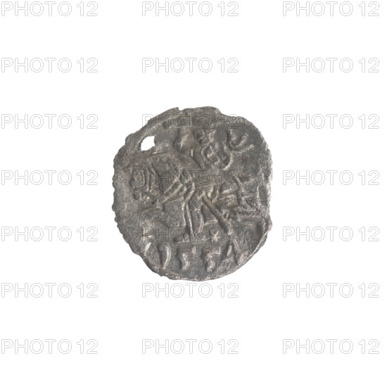 Lithuanian denarius, Sigismund II Augustus (King of Poland; 1544–1572); emblems of the Jagiellon dynasty; Polish coins; motifs: Eagle (obverse, in the rim) and Pursuer (reverse, in the rim, below the year 1554); dated 1554; Grand Duchy of Lithuania, Vilnius; coin; diameter 11.0–12.0 mm; weight 0.25 g.