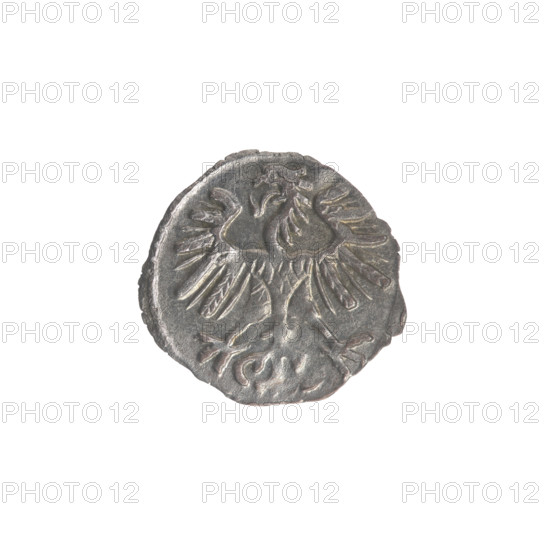 Lithuanian denarius, Sigismund II Augustus (King of Poland; 1544–1572); emblems of the Jagiellon dynasty; Polish Eagle (obverse, in the rim); Lithuanian Pursuer (reverse, in the rim, below the year 1554); Grand Duchy of Lithuania, Vilnius; coin, diameter 11.8–12.5 mm, weight 0.3 g.