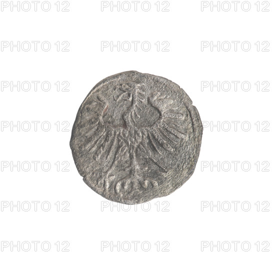 Lithuanian denarius, Sigismund II Augustus (King of Poland; 1544–1572); emblems of the Jagiellons dynasty; Polish coins; eagle (emblem) and Pursuer (emblem; Lithuania). Obverse: Polish eagle in the rim. Reverse: Lithuanian Pursuer in the rim, below the year 1554. Dated 1554. Grand Duchy of Lithuania, Vilnius, Poland. Coin; diameter 12.4–13.0 mm; weight 0.28 g.