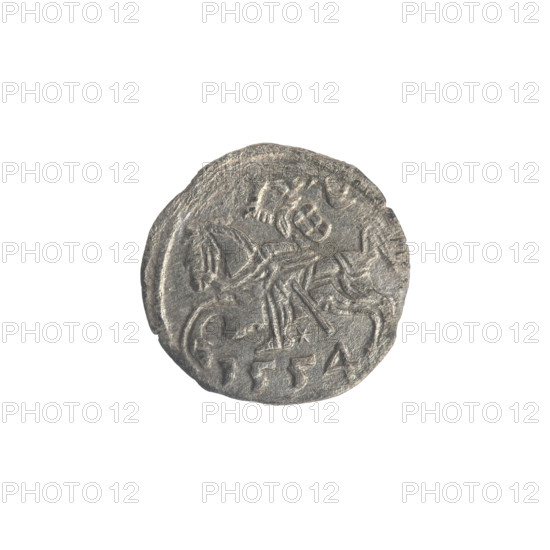 Lithuanian denarius, Sigismund II Augustus (King of Poland; 1544–1572); emblems of the Jagiellons dynasty; Polish eagle and Lithuanian Pursuer emblems. Obverse: Polish Eagle in the rim. Reverse: Lithuanian Pursuer in the rim, below the year 1554. Grand Duchy of Lithuania, Vilnius, Poland. Coin; diameter 12.4–13.0 mm; weight 0.28 g.
