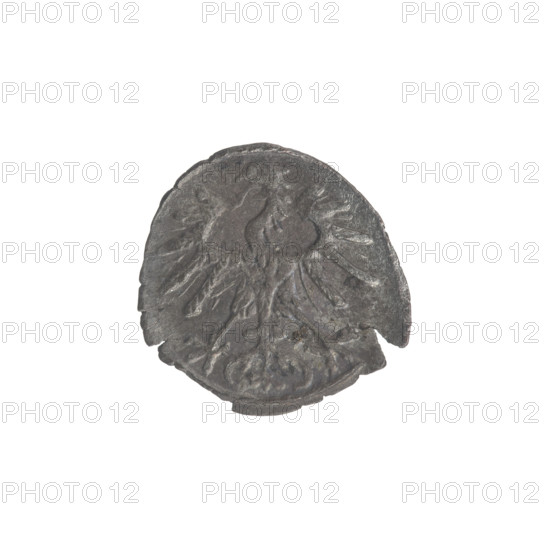 Lithuanian denarius, Sigismund II Augustus (King of Poland; 1544–1572); emblems of the Jagiellons dynasty; Polish coins; motifs: eagle (emblem) and pursuer (emblem, Lithuania). Obverse: Polish Eagle in the rim. Reverse: Lithuanian Pursuer in the rim, below the year 1554. Date: 1554. Origin: Grand Duchy of Lithuania, Vilnius, Poland. Coin; diameter 12.0–13.0 mm; weight 0.35 g.