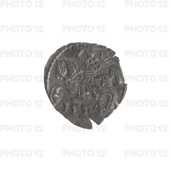 Lithuanian denarius, Sigismund II Augustus (King of Poland; 1544–1572); emblems of the Jagiellon dynasty; Polish coin featuring eagles and the Lithuanian Pursuer emblem. Obverse: Polish Eagle in the rim. Reverse: Lithuanian Pursuer in the rim, below the year 1554. Dated 1554. Grand Duchy of Lithuania, Vilnius. Coin; diameter 12.0–13.0 mm; weight 0.35 g.