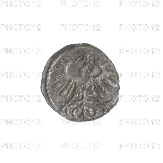 Lithuanian denarius, Sigismund II Augustus (King of Poland; 1544–1572); emblems of the Jagiellon dynasty; Polish coins; motifs: eagle (obverse rim), pursuer (Lithuanian emblem, reverse rim); inscriptions: obverse rim Polish Eagle, reverse rim Lithuanian Pursuer; below the year 1554 (on reverse); Grand Duchy of Lithuania, Vilnius; coin; diameter 12.0–13.0 mm; weight 0.25 g.