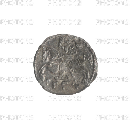 Lithuanian denarius of Sigismund II Augustus (King of Poland, 1544–1572); emblems of the Jagiellon dynasty; Polish coins; motifs: eagles (Polish Eagle) and Pursuer (Lithuanian Pursuer). Obverse: Polish Eagle in the rim. Reverse: Lithuanian Pursuer in the rim, below the year 1554. Dated 1554. Grand Duchy of Lithuania, Vilnius, Poland. Coin; diameter 12.0–13.0 mm; weight 0.25 g.