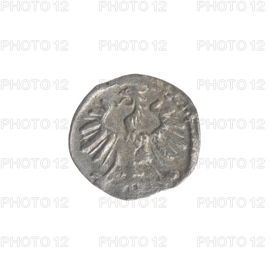 Lithuanian denarius, Sigismund II Augustus (King of Poland; 1544–1572); emblems of the Jagiellon dynasty; Polish eagle and Lithuanian Pursuer emblems. Obverse: Polish Eagle in the rim. Reverse: Lithuanian Pursuer in the rim, below the year 1555. Dated 1555. Grand Duchy of Lithuania, Vilnius. Coin. Diameter 11.9–12.5 mm; weight 0.32 g.
