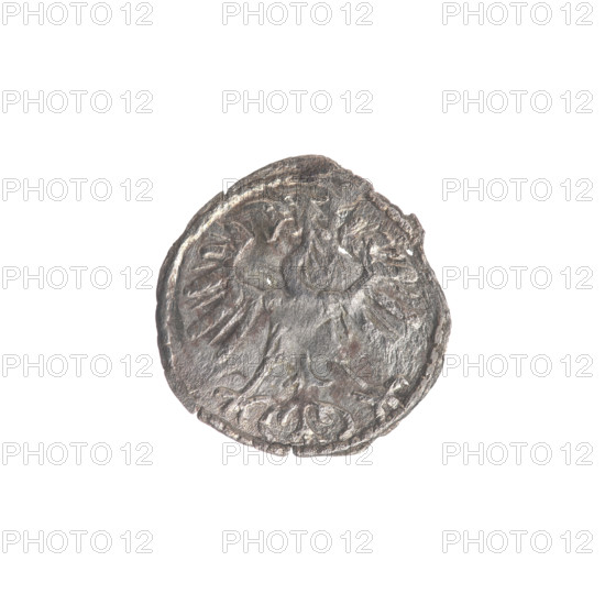 Lithuanian denarius, Sigismund II Augustus (King of Poland; 1544–1572), emblems of the Jagiellons dynasty; Polish Eagle (obverse, in the rim) and Lithuanian Pursuer (reverse, in the rim, below the year 1555); Grand Duchy of Lithuania, Vilnius; coin dated 1555; diameter 12.4–13.0 mm; weight 0.22 g.