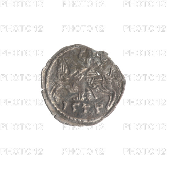 Lithuanian denarius, Sigismund II Augustus (King of Poland; 1544–1572); emblems of the Jagiellons dynasty; Polish eagle (obverse rim); Lithuanian Pursuer (reverse rim, below the year 1555); dated 1555; Grand Duchy of Lithuania, Vilnius; coin; diameter 12.4–13.0 mm; weight 0.22 g