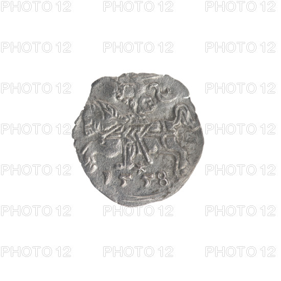 Lithuanian denarius, Sigismund II Augustus (King of Poland; 1544–1572); emblems of the Jagiellon dynasty; Polish coins; motifs: eagles (eagle emblem) and Pursuer (Lithuanian emblem). Obverse: Polish Eagle in the rim. Reverse: Lithuanian Pursuer in the rim, below the year 1556. Date: 1556. Issued by the Grand Duchy of Lithuania, Vilnius, Poland. Coin, diameter 12.0–12.5 mm, weight 0.3 g.