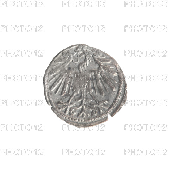 Lithuanian denarius, Sigismund II Augustus (King of Poland; 1544–1572). Obverse: Polish eagle in rim. Reverse: Lithuanian Pursuer in rim, below the year 1556. Emblems of the Jagiellon dynasty. Grand Duchy of Lithuania, Vilnius. Coin; diameter 12.2–12.8 mm; weight 0.27 g.
