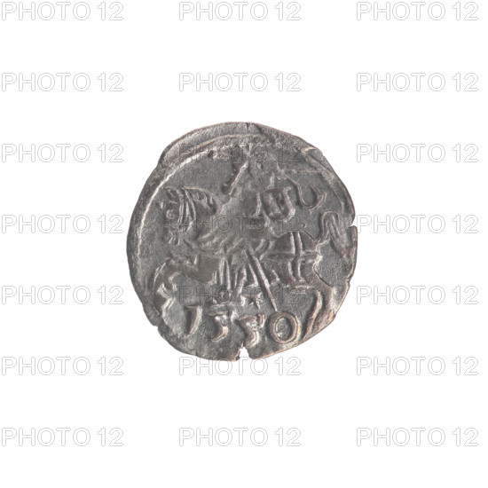 Lithuanian denarius, Sigismund II Augustus (King of Poland; 1544–1572); emblems of the Jagiellon dynasty; Polish coins; motifs: eagle (obverse, in the rim) and Pursuer (emblem of Lithuania; reverse, in the rim); date below the reverse: 1556; Grand Duchy of Lithuania, Vilnius; coin; diameter 12.2–12.8 mm; weight 0.27 g