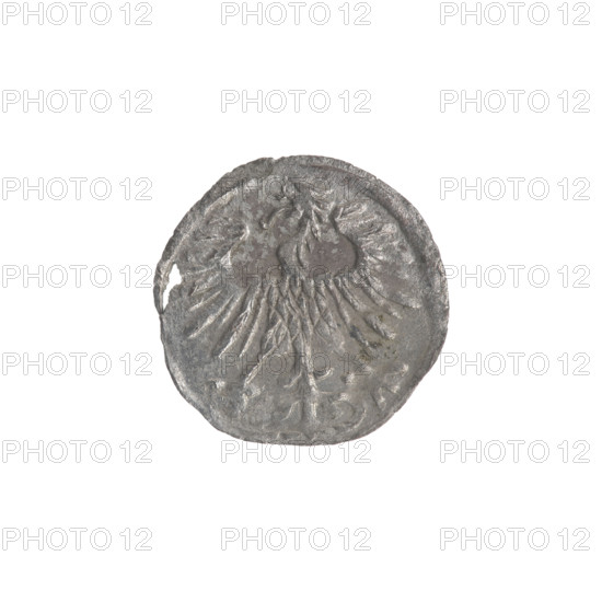 Lithuanian denarius, Sigismund II Augustus (King of Poland; 1544–1572); emblems of the Jagiellons; obverse: Polish eagle in the rim; reverse: Lithuanian Pursuer in the rim, below the year 1556; Grand Duchy of Lithuania, Vilnius; coin; diameter 12.5–12.8 mm; weight 0.3 g.