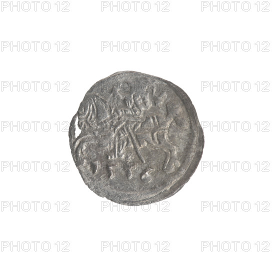 Lithuanian denarius, Sigismund II Augustus (King of Poland; 1544–1572); emblems of the Jagiellon dynasty; Polish coins; motifs: eagles (eagle emblem) and Pursuer (Lithuanian emblem). Obverse: Polish Eagle in the rim. Reverse: Lithuanian Pursuer in the rim, below the year 1556. Date: 1556. Issued in the Grand Duchy of Lithuania, Vilnius, Poland. Coin; diameter ~12.5–12.8 mm; weight ~0.3 g.