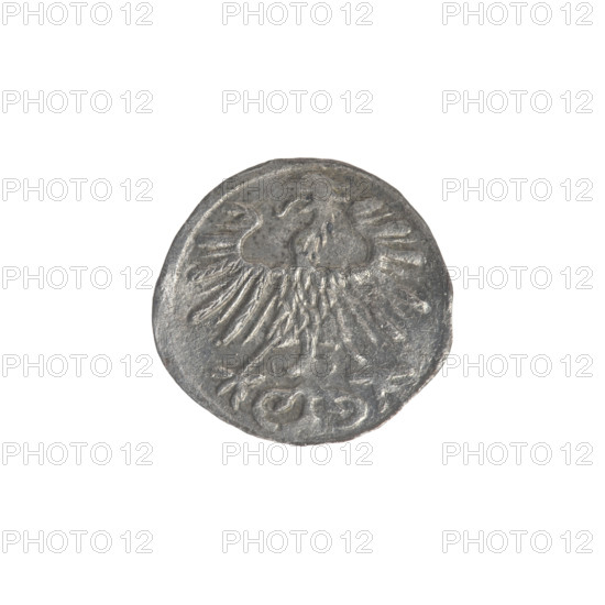 Lithuanian denarius, Sigismund II Augustus (King of Poland; 1544–1572); emblems of the Jagiellon dynasty; Polish coins; imagery: eagles (Polish Eagle) and Pursuer (Lithuanian Pursuer). Obverse: Polish Eagle in the rim. Reverse: Lithuanian Pursuer in the rim, below the year 1556. Date: 1556. Issued by the Grand Duchy of Lithuania, Vilnius. Coin; diameter 12.5–13.0 mm; weight 0.33 g.