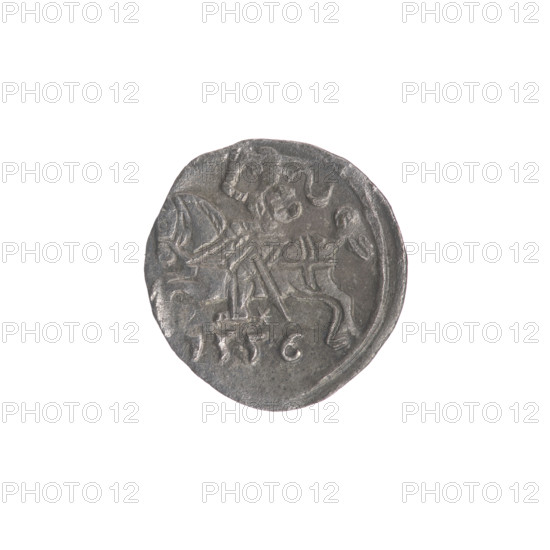 Lithuanian denarius, Sigismund II Augustus (King of Poland; 1544–1572); emblems of the Jagiellon dynasty; Polish coin featuring eagles and the Lithuanian Pursuer. Obverse: Polish Eagle in the rim. Reverse: Lithuanian Pursuer in the rim, below the year 1556. Date: 1556. Grand Duchy of Lithuania, Vilnius, Poland. Coin; diameters 12.5 mm and 13.0 mm; weight 0.33 g.