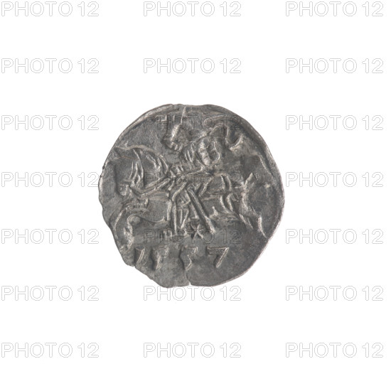 Lithuanian denarius, Sigismund II Augustus (King of Poland; 1544–1572); emblems of the Jagiellons dynasty; Polish coin depicting eagles and the Lithuanian Pursuer emblem. Obverse: Polish Eagle in the rim. Reverse: Lithuanian Pursuer in the rim, below the year 1557. Dated 1557. Grand Duchy of Lithuania, Vilnius. Coin; diameter 12.0–12.6 mm; weight 0.24 g.