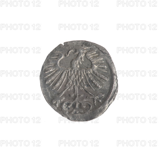 Lithuanian denarius, Sigismund II Augustus (King of Poland; 1544–1572); emblems of the Jagiellon dynasty; Polish eagle and Lithuanian Pursuer emblems. Obverse: Polish Eagle in the rim. Reverse: Lithuanian Pursuer in the rim, below the year 1557. Dated 1557. Grand Duchy of Lithuania, Vilnius, Poland. Coin; diameter 13.0–13.5 mm; weight 0.32 g.