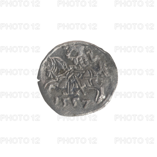Lithuanian denarius, Sigismund II Augustus (King of Poland; 1544–1572); emblems of the Jagiellon dynasty; Polish coins; motifs: eagles (eagle emblem) and Pursuer (Lithuanian emblem). Obverse: Polish Eagle in the rim. Reverse: Lithuanian Pursuer in the rim, below the year 1557. Date: 1557. Origin: Grand Duchy of Lithuania, Vilnius, Poland. Coin. Diameter: 13.0–13.5 mm. Weight: 0.32 g.
