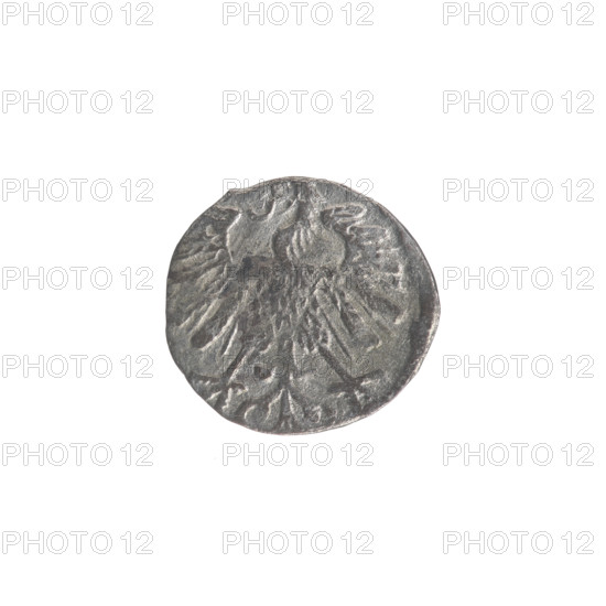 Lithuanian denarius, Sigismund II Augustus (King of Poland; 1544–1572); emblems of the Jagiellon dynasty; Polish coin featuring eagles and the Lithuanian Pursuer emblem. Obverse: Polish eagle in the rim. Reverse: Lithuanian Pursuer in the rim, below the year 1558 (58). Grand Duchy of Lithuania, Vilnius, Poland. Coin; diameter 11.0–11.5 mm; weight 0.22 g.