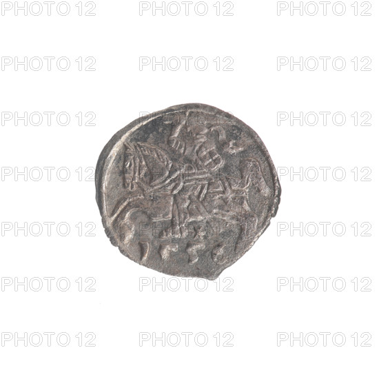 Lithuanian denarius, Sigismund II Augustus (King of Poland; 1544–1572); emblems of the Jagiellons dynasty; Polish eagle emblem and Lithuanian Pursuer emblem. Obverse: Polish Eagle in the rim. Reverse: Lithuanian Pursuer in the rim, below the year 1558. Date: 1558. Issued for the Grand Duchy of Lithuania, Vilnius, Poland. Coin; diameter 12.0–12.7 mm; weight 0.27 g.