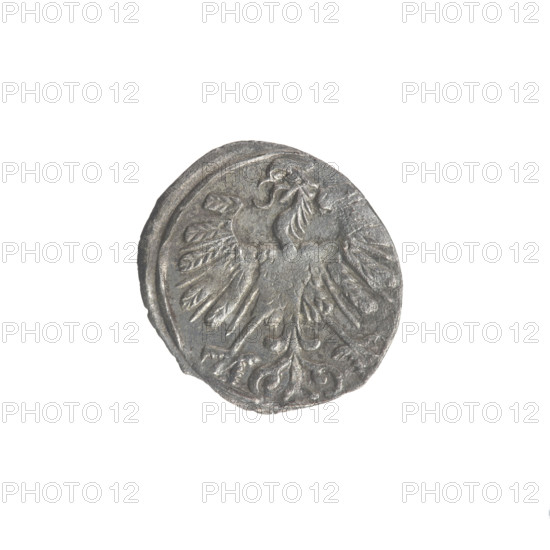 Lithuanian denarius, Sigismund II Augustus (King of Poland; 1544–1572); emblems of the Jagiellon dynasty; Polish Eagle (obverse rim) and Lithuanian Pursuer (reverse rim); dated 1558; Grand Duchy of Lithuania, Vilnius; coin; diameter 12.0–13.0 mm; weight 0.27 g.