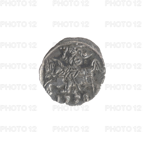 Lithuanian denarius, Sigismund II Augustus (King of Poland; 1544–1572); emblems of the Jagiellon dynasty; Polish eagle (obverse, in the rim); Lithuanian pursuer (reverse, in the rim, below the year 1558); Grand Duchy of Lithuania, Vilnius; coin; 1558; diameter 11.5–12.8 mm; weight 0.27 g.