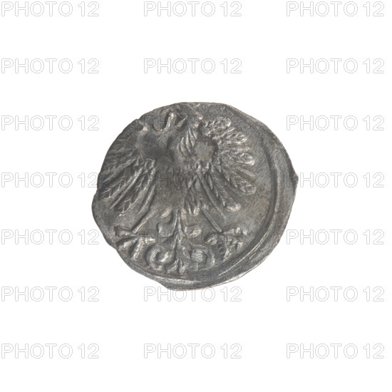 Lithuanian denarius, Sigismund II Augustus (King of Poland; 1544–1572), emblems of the Jagiellon dynasty, Polish coins; obverse: Polish eagle in the rim; reverse: Lithuanian Pursuer in the rim, below the year 1558; dated 1558; Grand Duchy of Lithuania, Poland; Vilnius; coin.