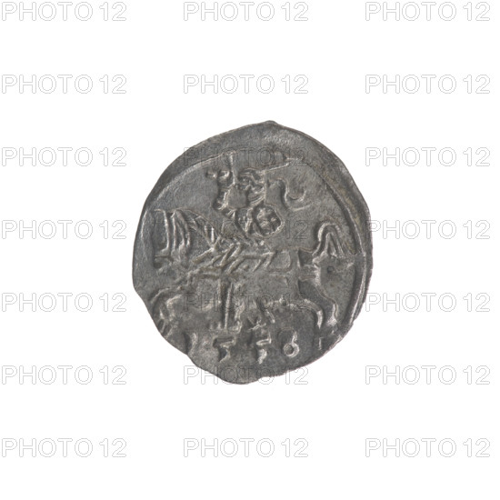 Denarius (coin), Sigismund II Augustus (King of Poland, 1544–1572); obverse: Polish eagle in the rim; reverse: Lithuanian Pursuer in the rim, below the year 1558; emblems of the Jagiellon dynasty; 1558; Grand Duchy of Lithuania, Poland, Vilnius; materials/format: coin.