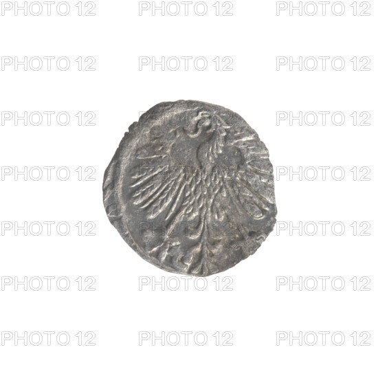 Lithuanian denarius, Sigismund II Augustus (King of Poland; 1544–1572); emblems of the Jagiellon dynasty; Polish coin featuring eagles and the Lithuanian Pursuer; obverse rim: Polish eagle; reverse rim: Lithuanian Pursuer with date below (1558); Grand Duchy of Lithuania, Vilnius; coin; diameter 11.7–12.2 mm; weight 0.25 g