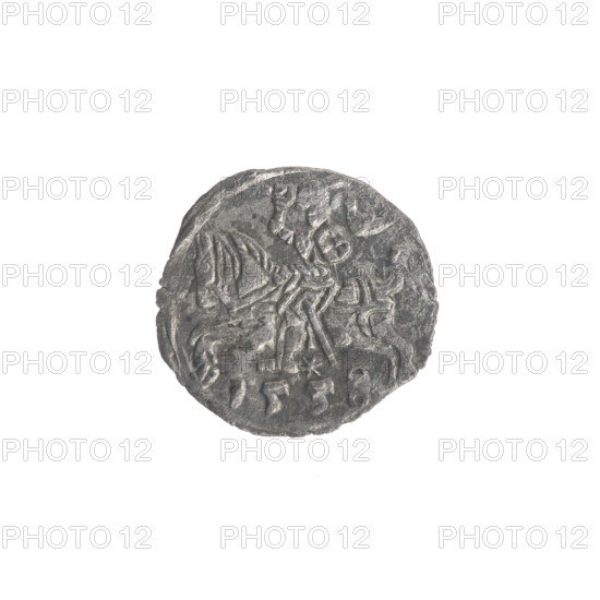 Lithuanian denarius, Sigismund II Augustus (King of Poland; 1544–1572); emblems of the Jagiellon dynasty; Polish coins; motifs: eagles (Polish eagle) and Pursuer (Lithuanian Pursuer). Obverse: in the rim Polish eagle. Reverse: in the rim Lithuanian Pursuer, below year 15 — 1558. Grand Duchy of Lithuania, Vilnius, Poland. Coin; diameter 11.7–12.2 mm; weight 0.25 g.