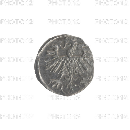 Lithuanian denarius, Sigismund II Augustus (King of Poland; 1544–1572); emblems of the Jagiellon dynasty; Polish eagle and Lithuanian Pursuer emblems. Obverse: Polish Eagle in the rim. Reverse: Lithuanian Pursuer in the rim, below the year 1559. Dated 1559. Grand Duchy of Lithuania, Poland; minted in Vilnius. Coin; diameter 12.0–12.4 mm; weight 0.35 g.