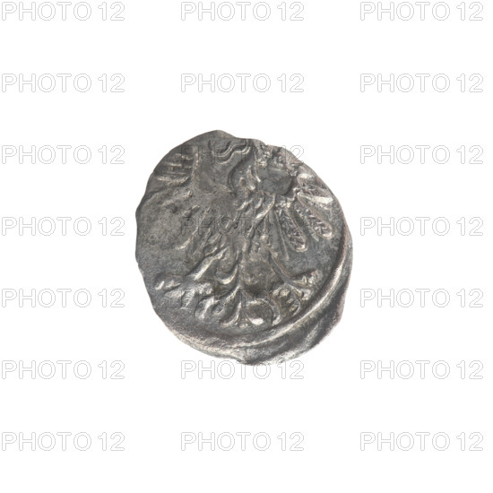 Denarius (coin), Lithuanian; issuer: Sigismund II Augustus (King of Poland, 1544–1572); emblems: Jagiellon dynasty, Polish eagle (obverse, in rim), Lithuanian pursuer (reverse, in rim, below the year 1559); date: 1559; place: Grand Duchy of Lithuania, Vilnius; materials: coin; diameter: 11.5 mm / 13.0 mm; weight: 0.27 g