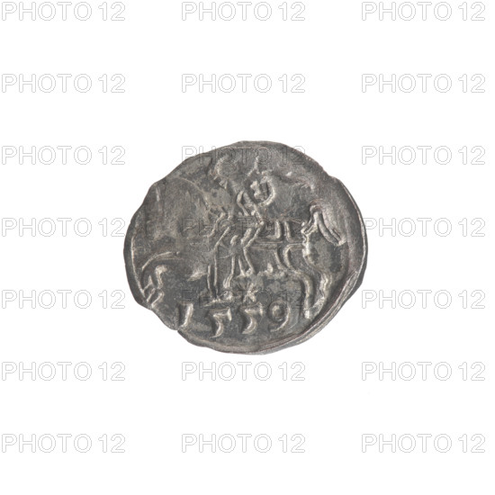Lithuanian denarius, Sigismund II Augustus (King of Poland; 1544–1572); emblems of the Jagiellon dynasty; Polish coins; motifs: Eagle (obverse, in the rim) and Pursuer (reverse, in the rim); below the year 1559, inscription 1559; Grand Duchy of Lithuania, Poland, minted in Vilnius; coin; diameter 11.5 mm and 13.0 mm; weight 0.27 g.