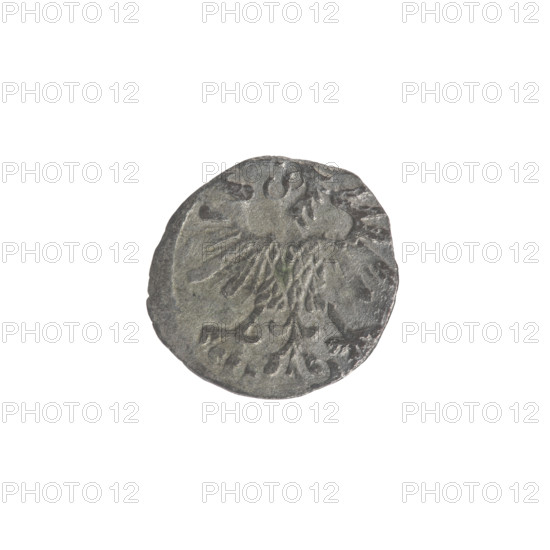 Lithuanian denarius, Sigismund II Augustus (King of Poland; 1544–1572); emblems of the Jagiellons dynasty; Polish coins; motifs: eagles (Polish Eagle) and Pursuer (Lithuanian); obverse: Polish Eagle in the rim; reverse: Lithuanian Pursuer in the rim, below the year 1559; date: 1559; Grand Duchy of Lithuania, Poland, Vilnius; coin; diameter 11.5–12.0 mm; weight 0.27 g.