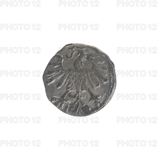 Lithuanian denarius of Sigismund II Augustus (King of Poland, 1544–1572); emblems of the Jagiellon dynasty; Polish Eagle (obverse in the rim); Lithuanian Pursuer (reverse in the rim, below the year 1559); date 1559; struck in Vilnius, Grand Duchy of Lithuania; coin; diameter 11.5–12.0 mm; weight 0.32 g.
